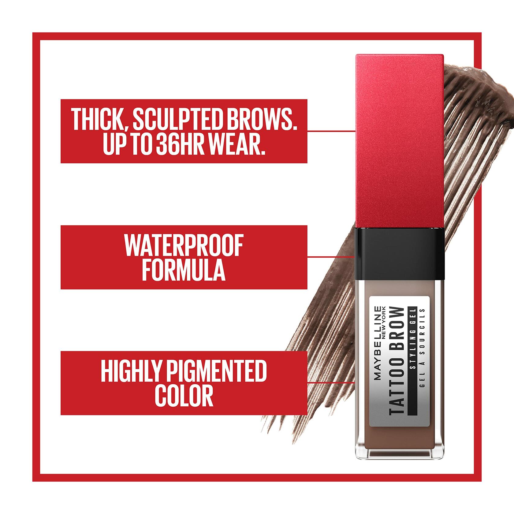 Maybelline Tattoo Studio Brow Styling Gel, Waterproof Eyebrow Make Up, Brow Tint for Up to 36HR Wear, Black, 12 Count