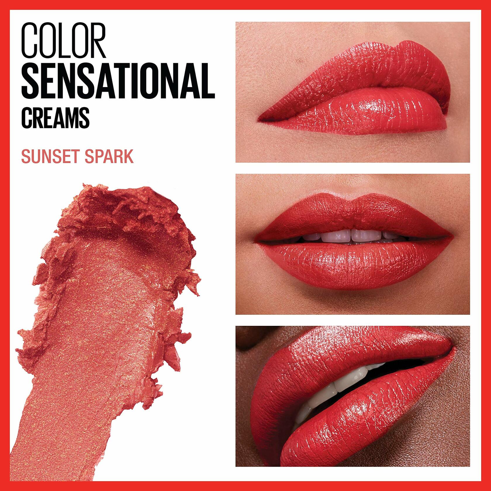 Maybelline New York Color Sensational Lipstick, Lip Makeup, Cream Finish, Hydrating Lipstick, Nude, Pink, Red, Plum Lip Color, Sunset Spark, 0.15 oz; 12 count