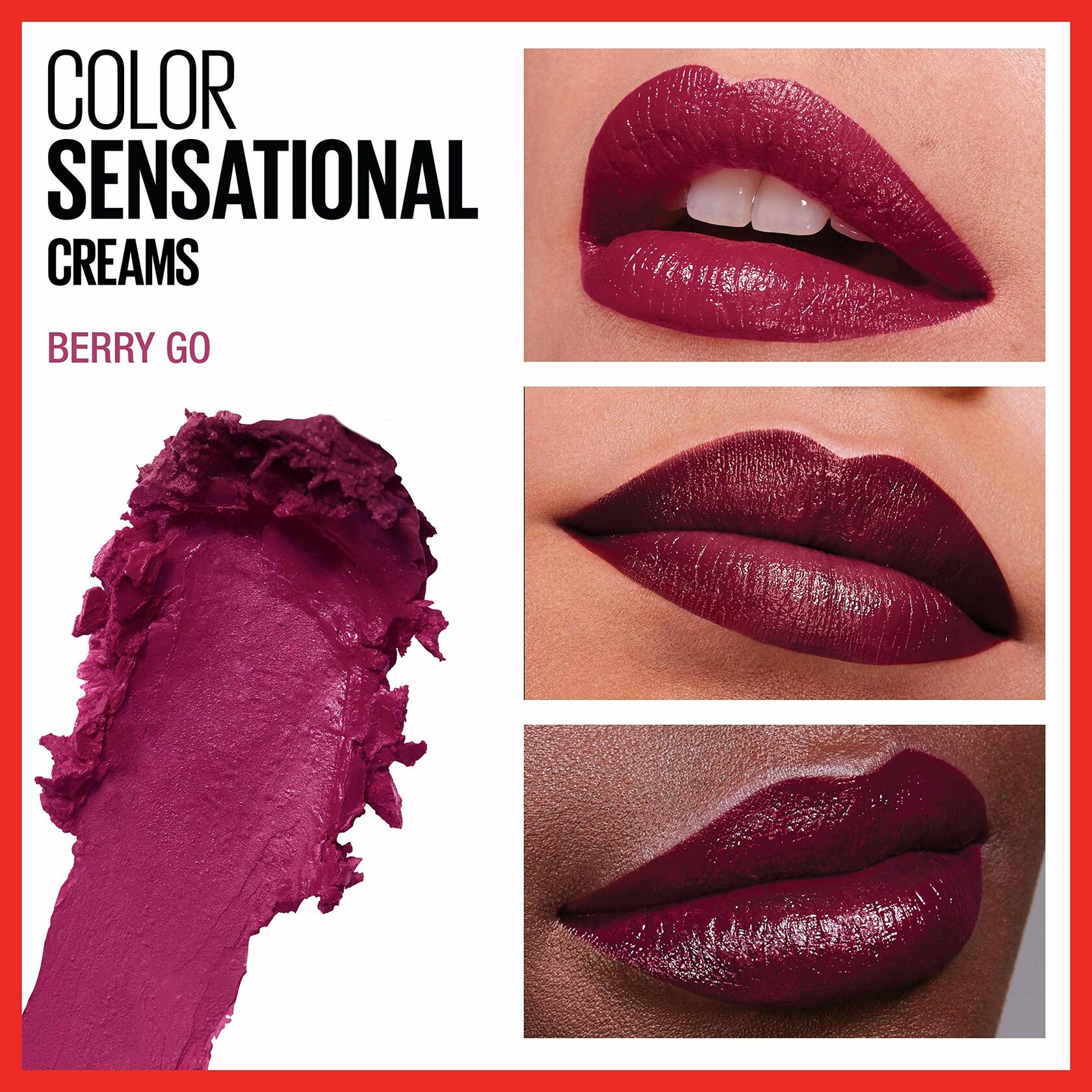 Maybelline Color Sensational Lipstick, Lip Makeup, Cream Finish, Hydrating Lipstick, Nude, Pink, Red, Plum Lip Color, Berry Go, 0.15 oz; 12 count