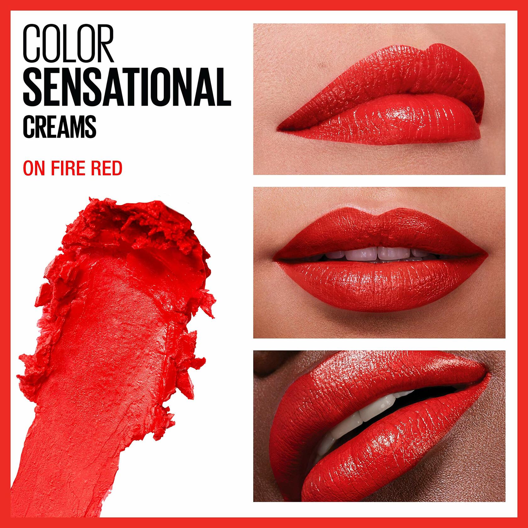 Maybelline Color Sensational Lipstick, Lip Makeup, Cream Finish, Hydrating Lipstick, Nude, Pink, Red, Plum Lip Color, On Fire Red, 0.15 oz; 12 count