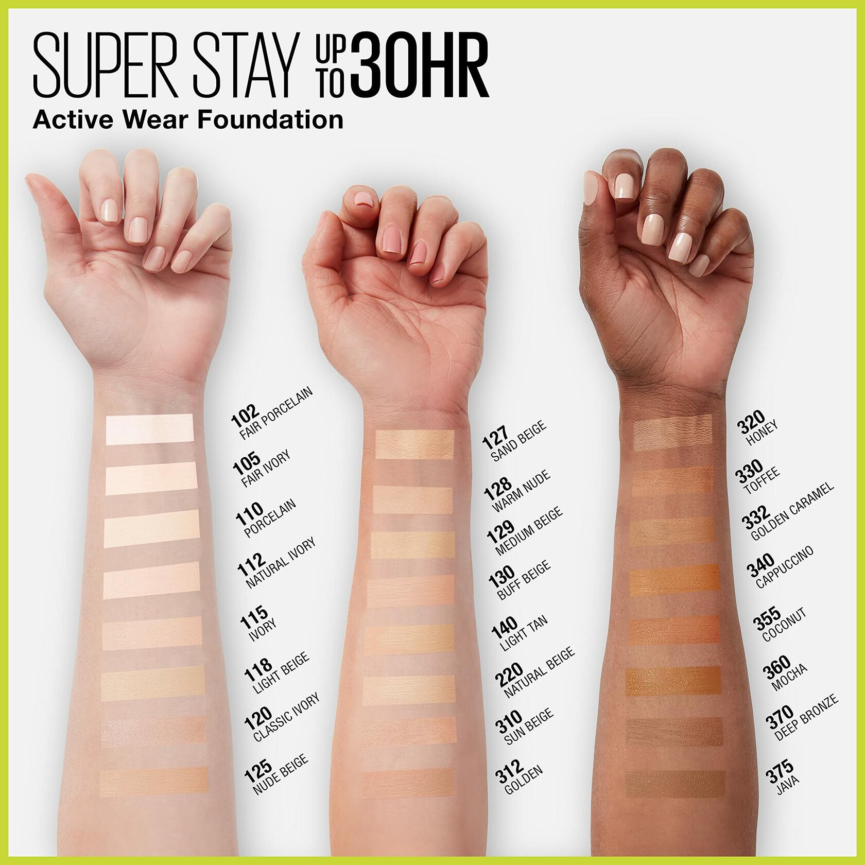 Maybelline Super Stay Full Coverage Liquid Foundation Active Wear Makeup, Golden Caramel, 12 Count