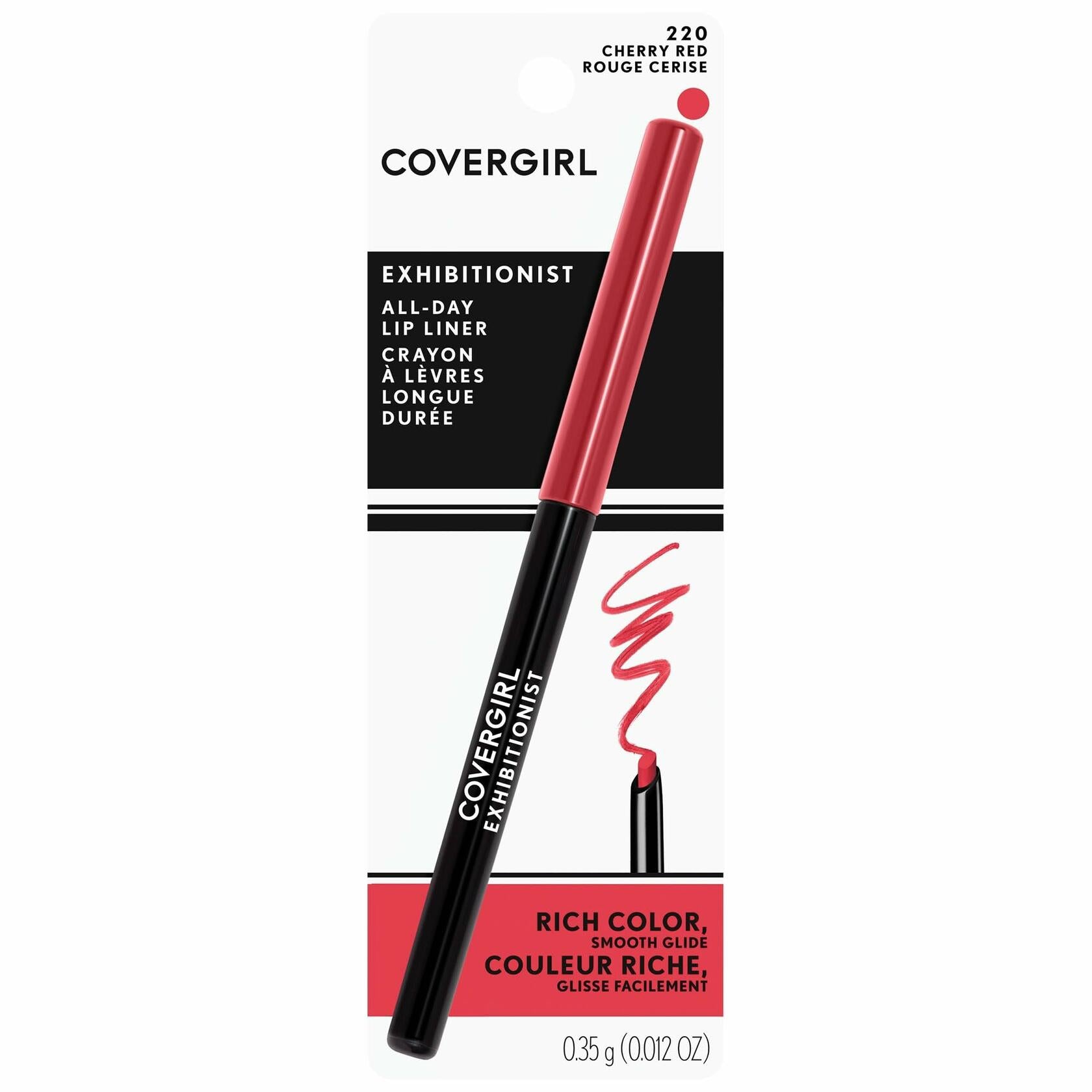 COVERGIRL - Exhibitionist All-Day Lip Liner, Retractable Tip, Easy application, Smudge, Transfer, Mask - Proof, 100% Cruelty-Free, cherry red, 12 count