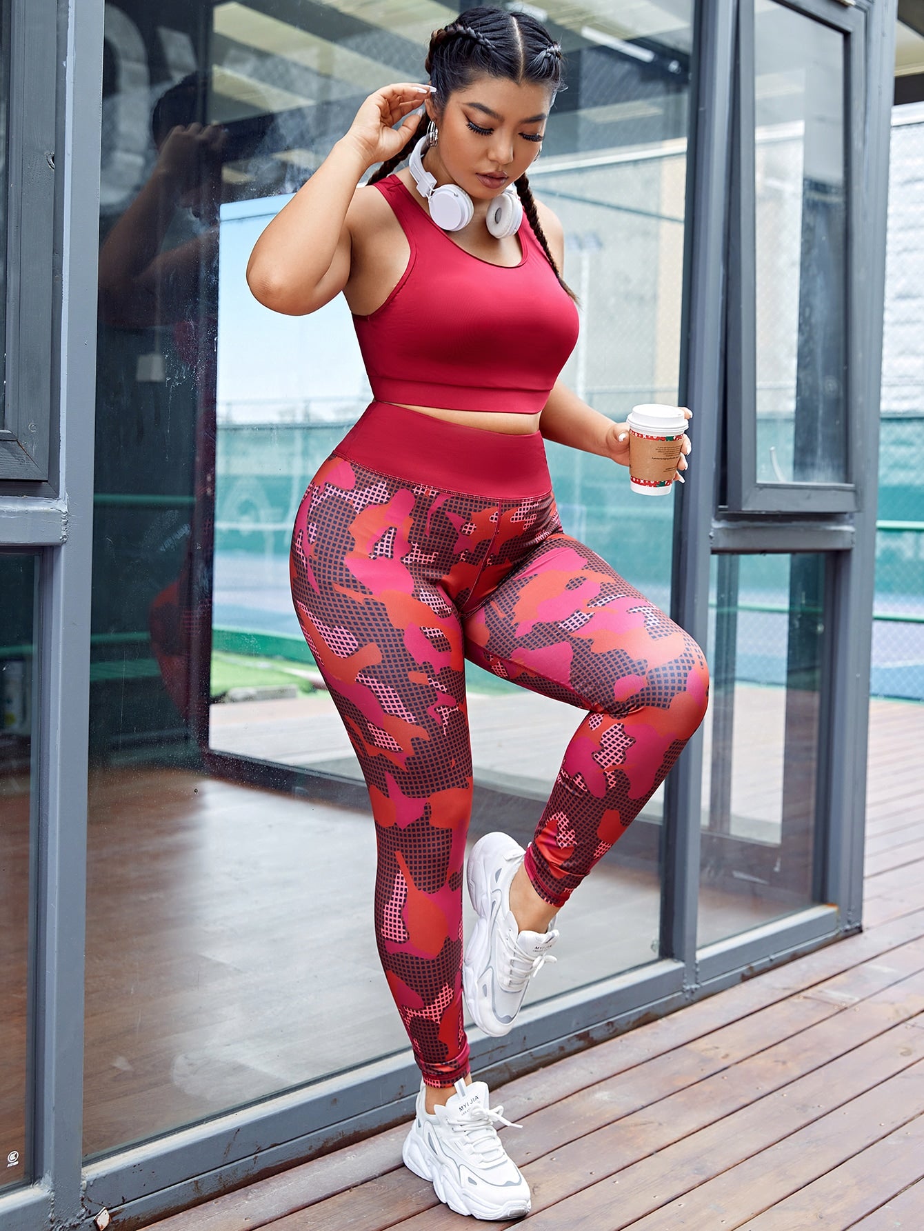 Plaid & Graphic Print Wide Waistband Sports Set